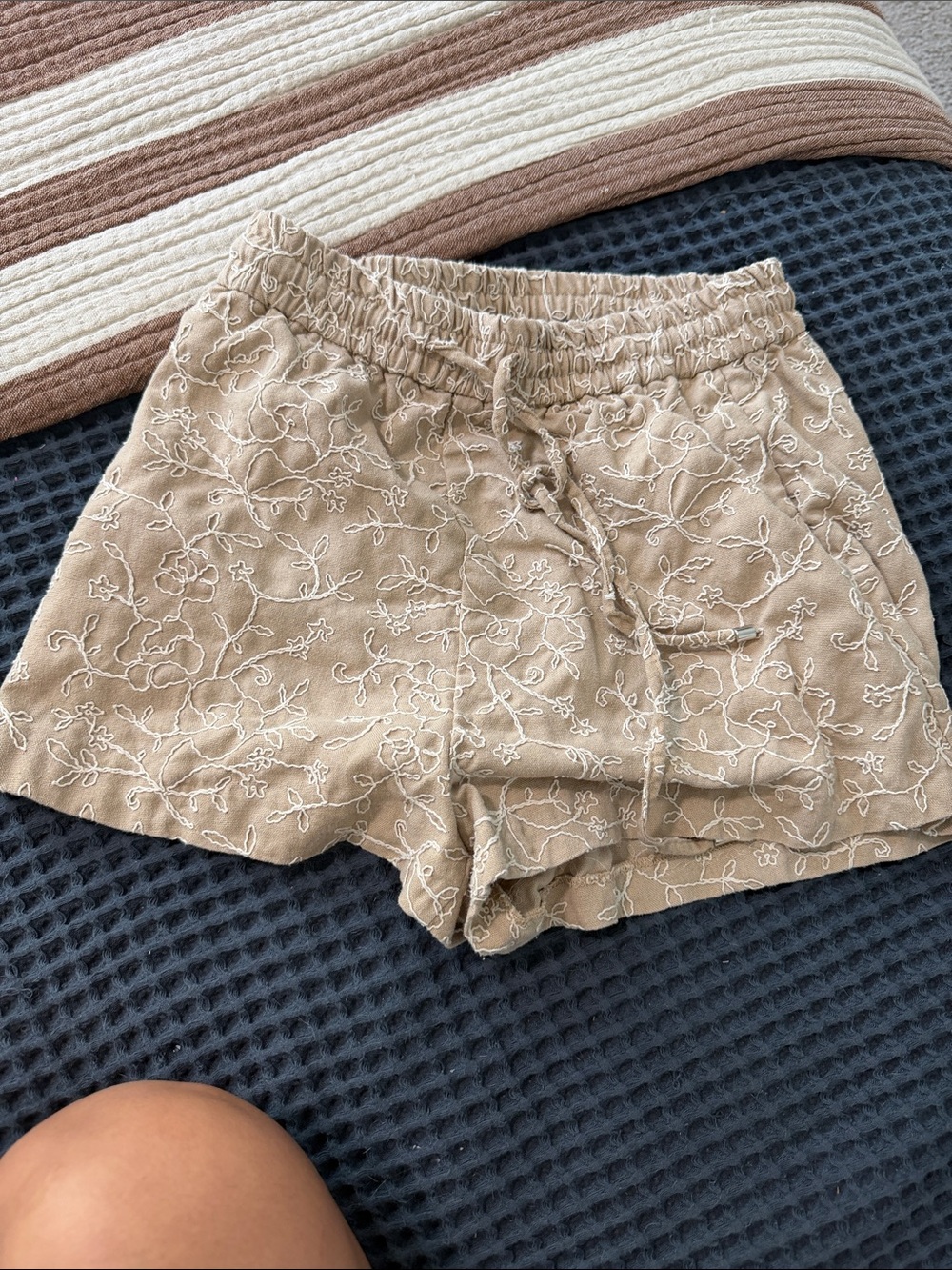 Zara Tan Embroidered High-Waist Drawstring Shorts